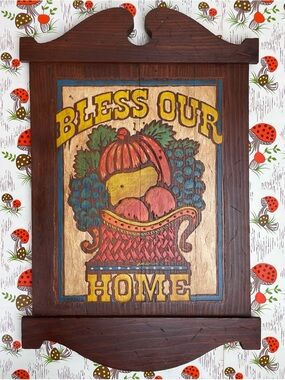 Vintage Folk Wood Rustic ‘Bless Our Home’ Sign 1971